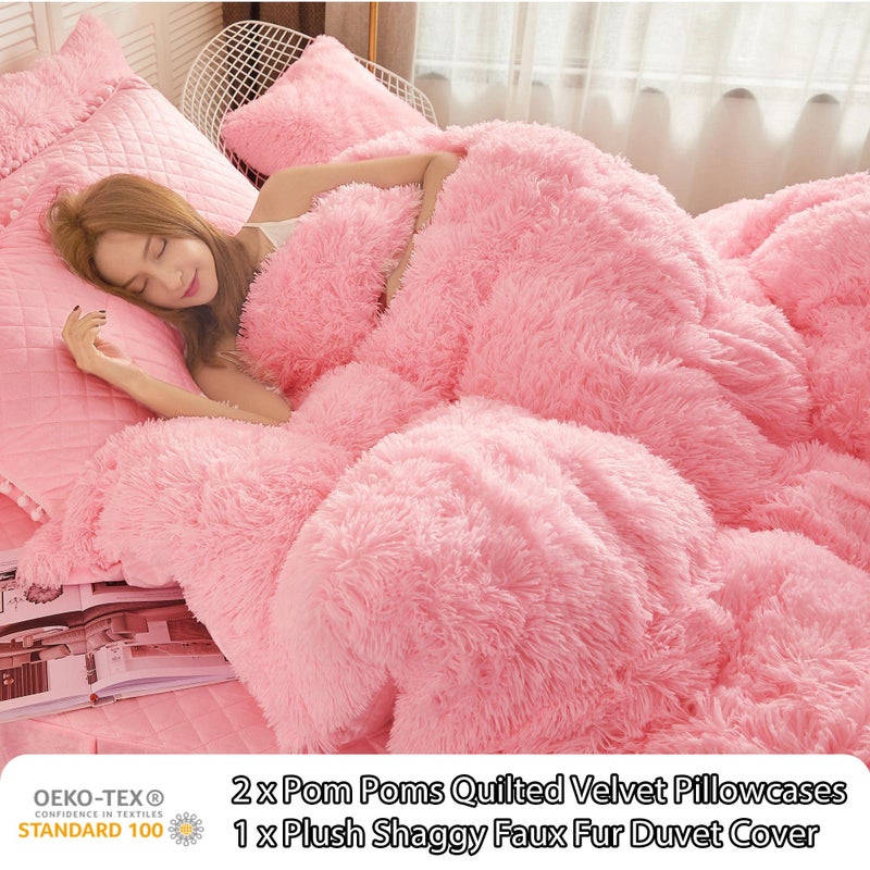 LIFEREVO Luxury Plush Shaggy Duvet Cover Set, Soft Velvet Fluffy Furry Duvet Cover Set(1 Faux Fur Fuzzy Comforter Cover + 2 Pom Poms Pillowcases) Solid Bedding Set, Zipper Closure(Full/Queen, Pink) - Image 3